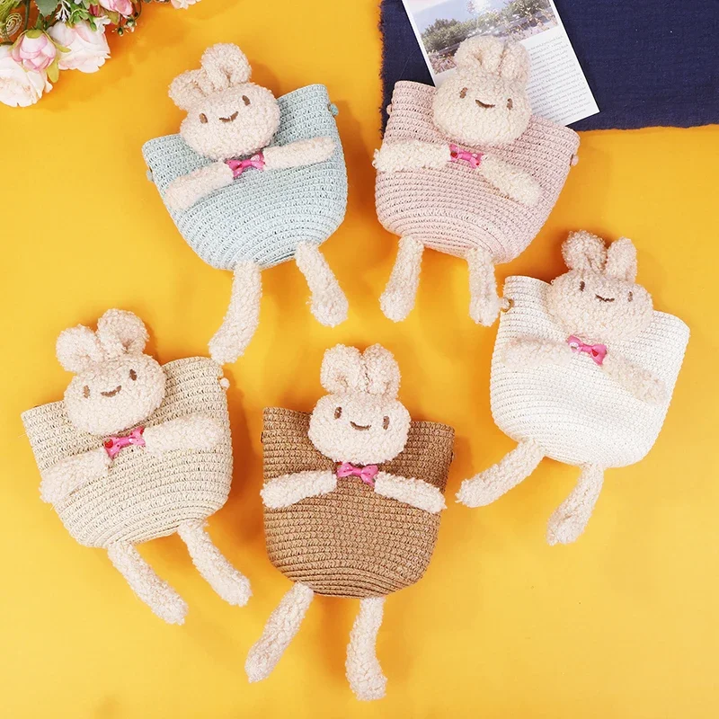 

Cute Bear Girl's Shoulder Bags Colorful Straw Children's Messenger Bag Princess Mini Bow Handbag Crossbody Child Girl Coin Purse