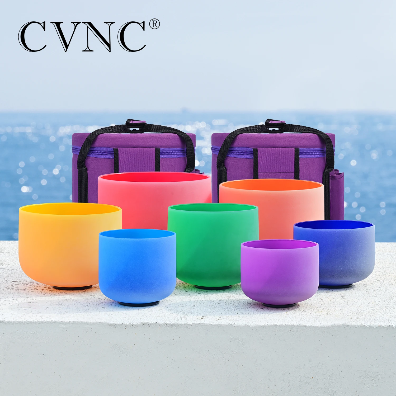 CVNC 6-12 Inch Various Colorful Frosted Quartz Crystal Singing Bowls Chakra Set 7pcs for Sound Healing and with Carry Bags