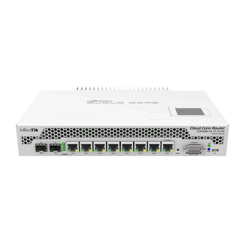 

Mikrotik CCR1009-7G-1C-1S+PC Router 7xGigabit Ports, 1xCombo Port (SFP Or Gigabit Ethernet) 1xSFP+cage, 9 Cores 1GHz CPU,2GB RAM