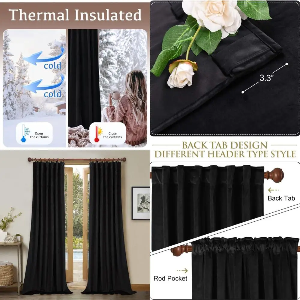 

Черные бархатные шторы длиной 96 дюймов, плотные шторы, термоизолированные шторы для дверей патио, шумоподавитель, панели с гарантией конфиденциальности