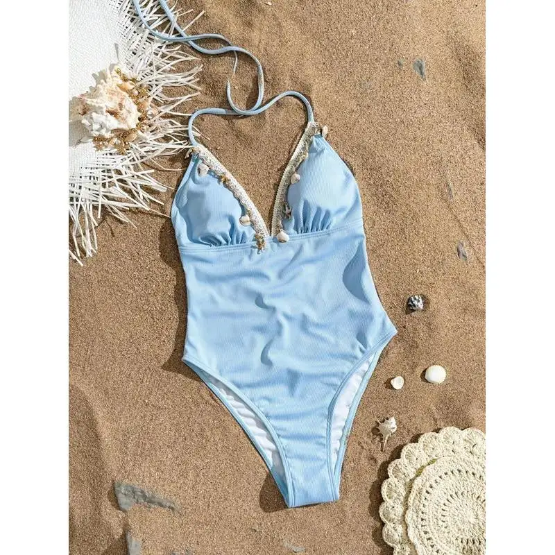 JEWELRY SEN Women Ribbed Halter One‑Piece Swimsuit Seashell Starfish Decoration V‑Neck High Cut Monokini Summer Beach Swimwear