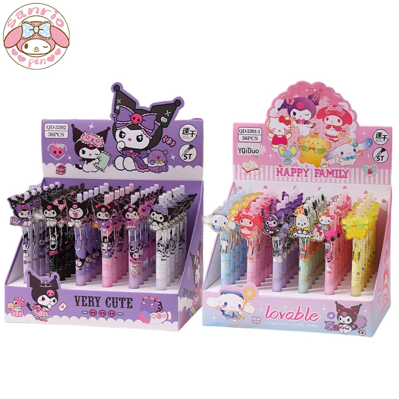 

New Snario 36pcs Gel Pens Kawaii Pochacco Kuromi Melody Hello Kitty Presses The Patch Pen 0.5mm Black High-quality Office Pen