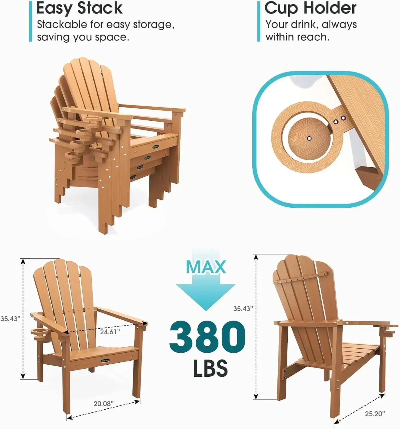 Stackable Adirondack Chair Set of 4, HDPE All-Weather Adirondack Chairs - Durable and Space Saving, Plastic Outdoor Fire Pit Cha