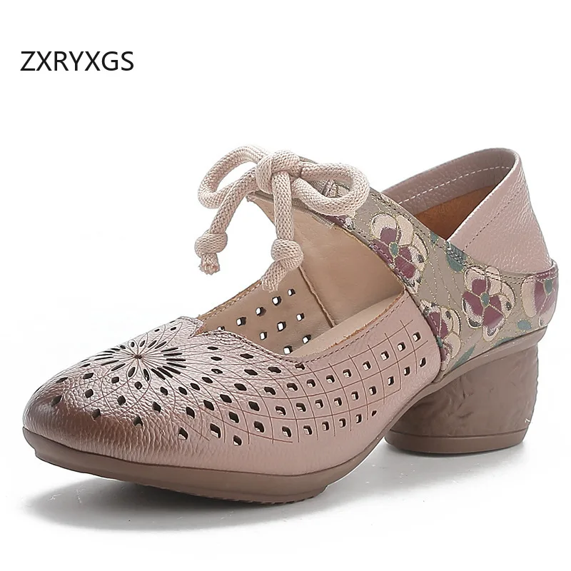 ZXRYXGS Chinese Style Cowhide Printing Hollow Women Leather Sandals New 2024 Summer Elegant Fashionable Sandals Mid Heel Shoes