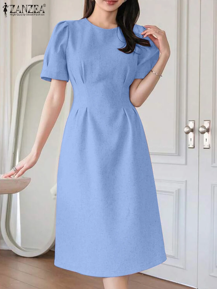 ZANZEA オフィスレディースワンピース 2025 夏 エレガントなOネック ショートパフスリーブ ベスティド おしゃれ 無地 ワーク OL サマードレス ローブファム