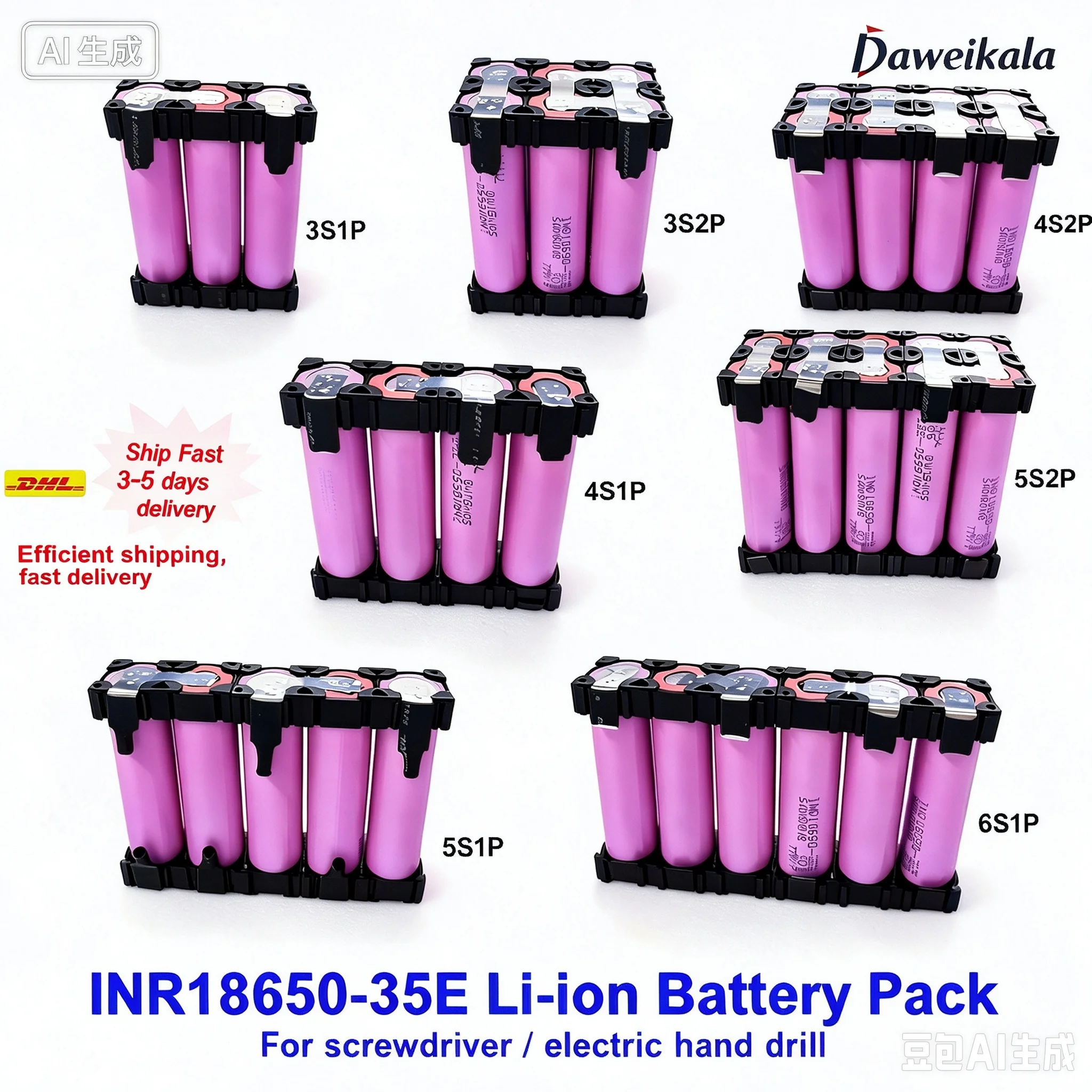 Daweikala NCR18650‑35E Zestaw Baterii 18650 3S‑4S‑5S‑6S 12V‑16.8V‑21V‑25.2V 3500‑7000mAh Moduł Baterii Akumulatorowej z Uchwytem do Wiertarki Elektrycznej