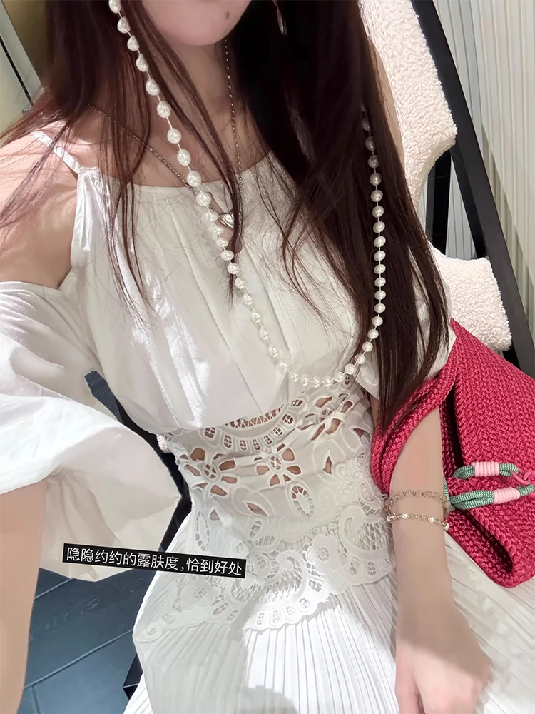 

Gagarich Palace Style Heavy Industry Hollowed Out Jacquard Off Shoulder Lace Shirt Women Summer New Retro A-line Skirt