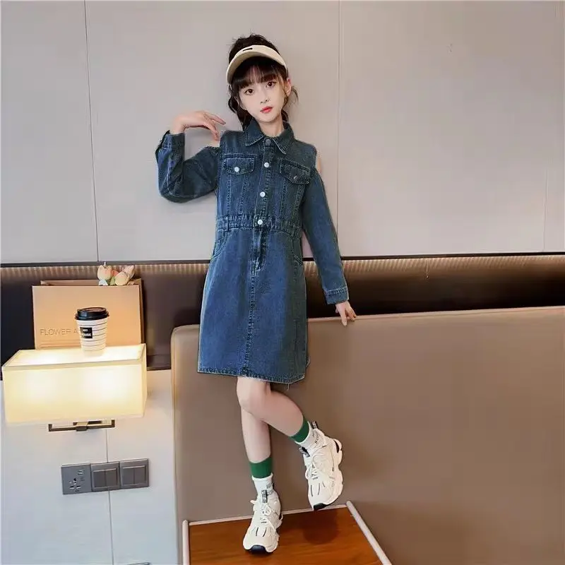 

Новое осенне-весеннее джинсовое платье с длинными рукавами для девочек 2025 года — шикарное модное детское платье в корейском стиле для детей от 4 до 12 лет