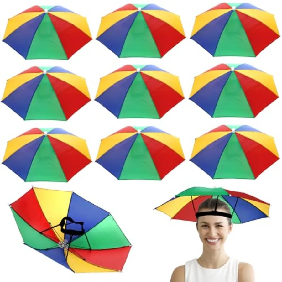 

10 Pack Umbrella Hat, Rainbow Head Umbrella Cap with Elastic Band, 21 Inch Folding Waterproof Fishing Umbrellas Cap for Camping