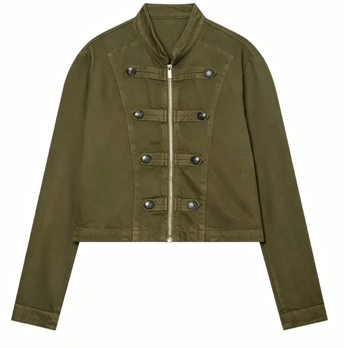 Vintage Stand Collar Cropped Straight-Cut Denim Jacket Zip Up Double Row Decor Metal Buttons Women Casual Outerwear 20260602