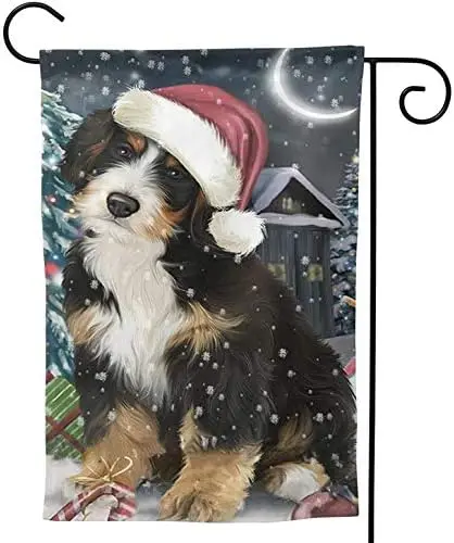 Bernedoodle Christmas Hat Dog Art Tree Welcome Flag Outdoor Outside Holiday Party Decorations Ornament Home House Garden Yard De