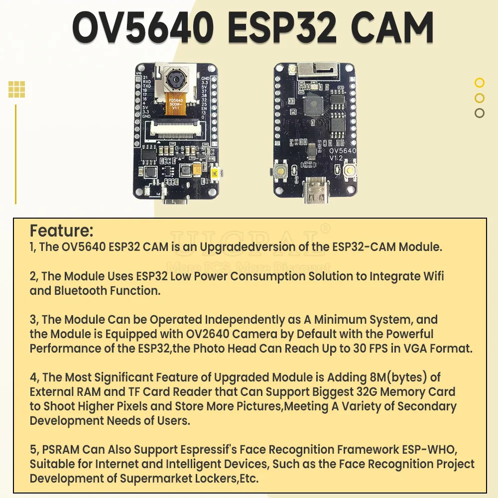 New OV5640 ESP32 CAM Camera Module Kit WiFi Bluetooth Development Board Auto Focus 66 120 160 Degrees Camera Module with TF TFT