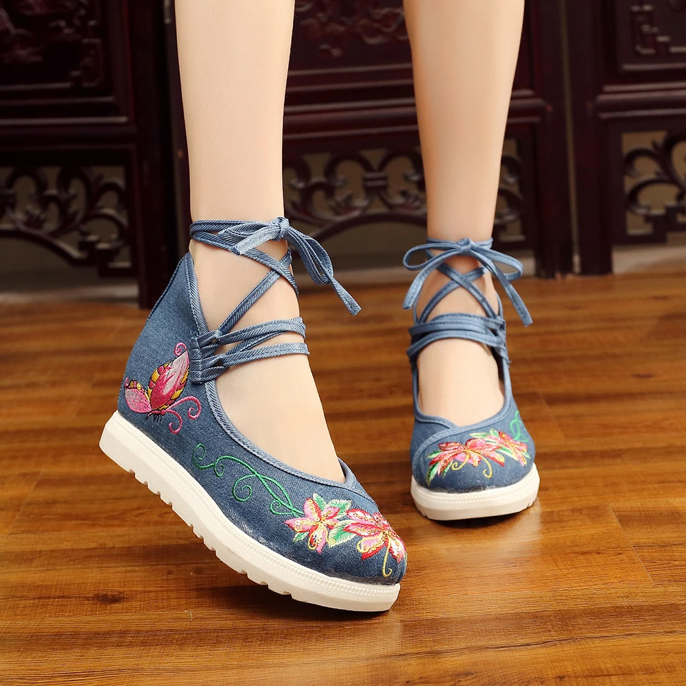 Veowalk Bees Embroidered Women Canvas Flat Platforms Long Ankle Strap Retro Ladies Casual Thick Bottom Shoes zapatos mujer