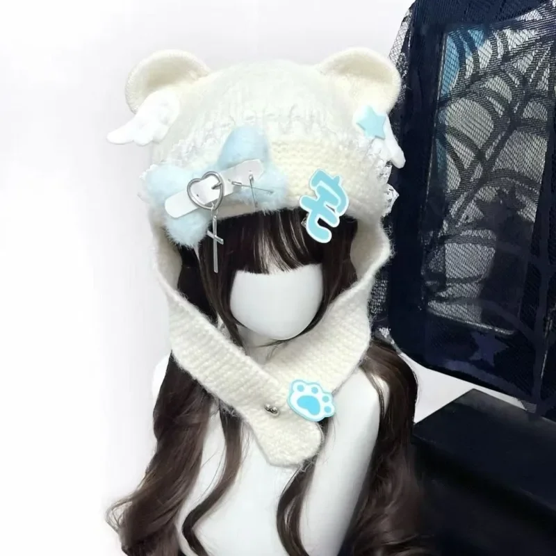 Ladies Knit Bear Ear Cap Cute Fluffy Ear Cover Hat Autumn Outdoor Wind Resistant Sweet Matching Daily Fashion Headwear Accessory