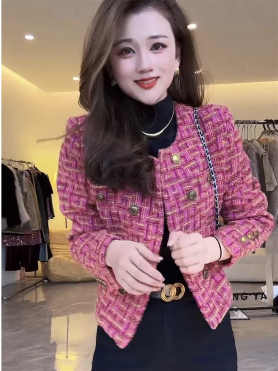 

Fall Korean Retro Color Blo Knit ort Coat Women's High-End Versatile Top Long Sve Suit Collar Double Breasted Polyester