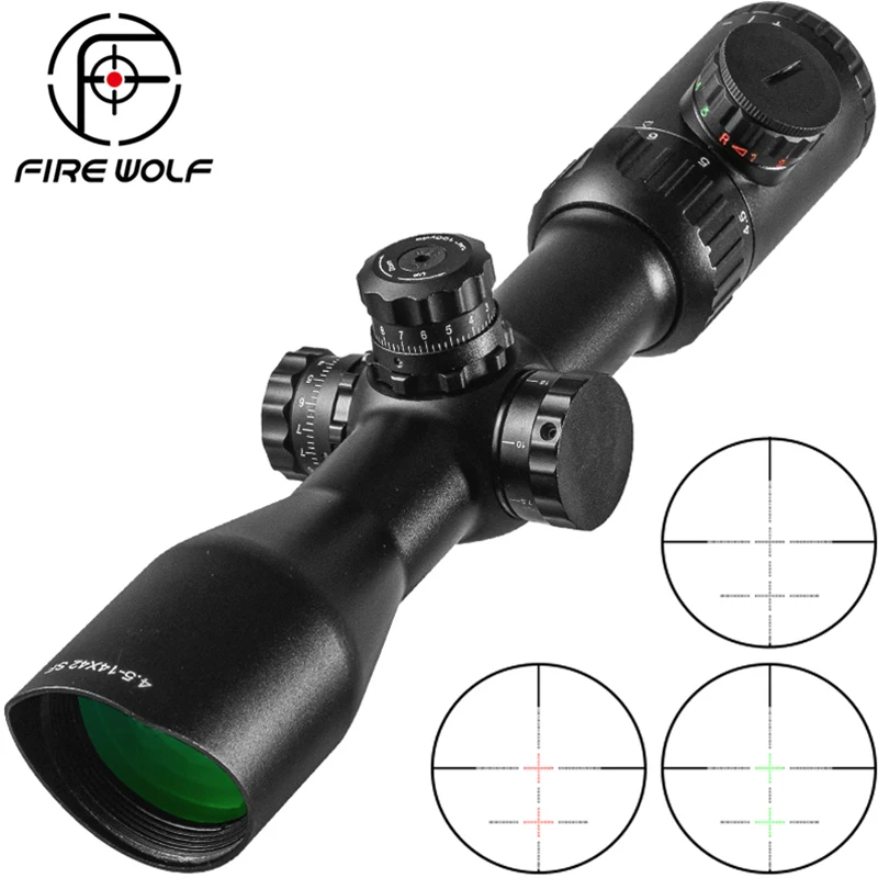 

FIRE WOLF 4.5-14X42 Riflescopes Bevel Side Double Cross Red Green Focus Tactical Optical Scope Sight Sniper Hunting Scope