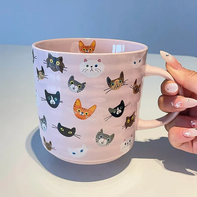 Niedliche Katzenmotive Rosa Keramikbecher, Große Kaffee- und Teetasse, Cartoon-Kätzchen-Muster Trinkbecher für Zuhause und Büro, Geschenk
