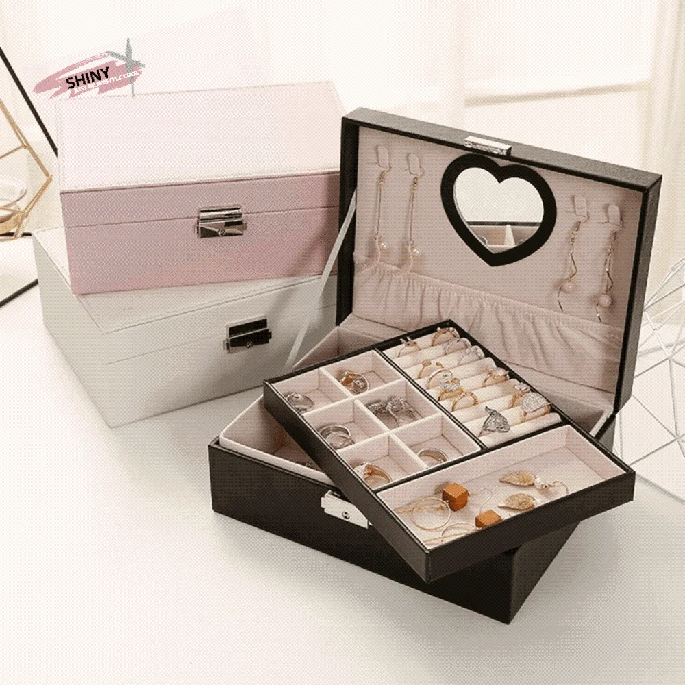

Multifunctional PU Double Layer Jewelry Box Large Capacity Dustproof Jewelry Display Case Lockable Jewelry Storage Box for Home