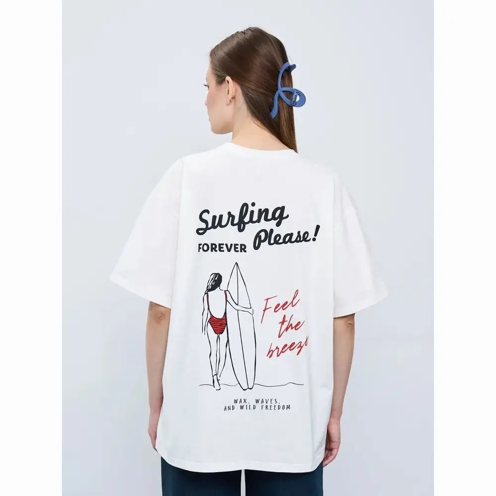 

American Short-sleeved T-shirt, Loose White, Korean Summer New Style, 100% Pure Cotton Printed Ins Top, Trendy and High-end