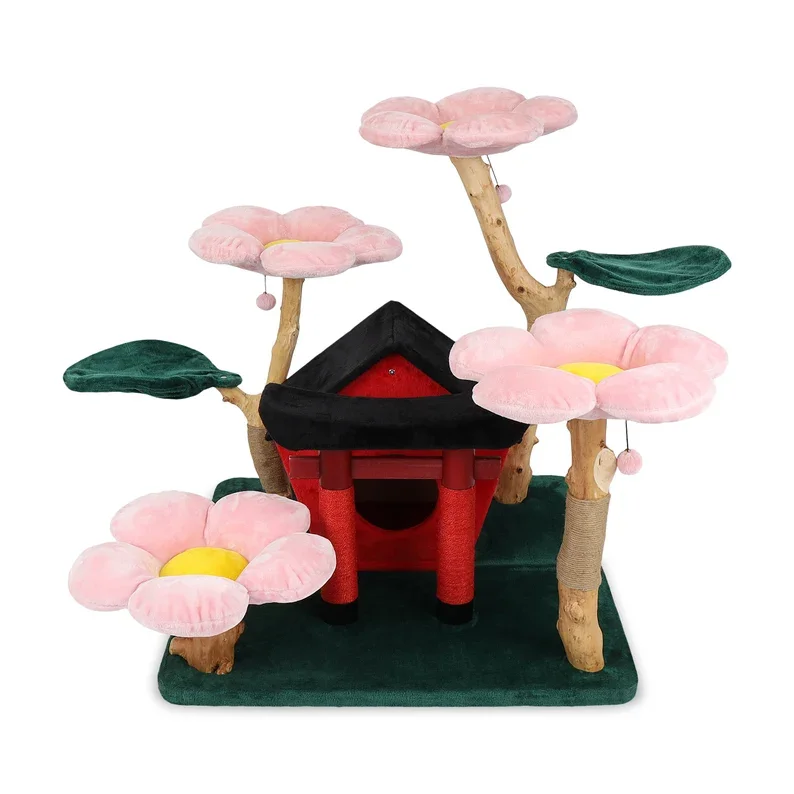 Wood Secret Garden Floral Cat Tree, Modern Wooden Cat Tower With House, Luxury Cat Funiture For Cats