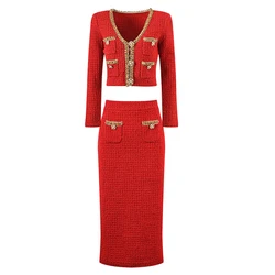 Red short top + long skirt knitted suit socialite light luxury nail beaded V-neck coat 2024 spring/autumn women's new 2 sets