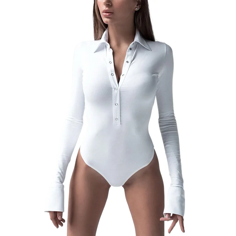 

Y2k Clothes Women's Bodysuit Long Sleeve Snap Polo Neck Solid Color Autumn Winter High Street Punk Style Sexy Bodysuit