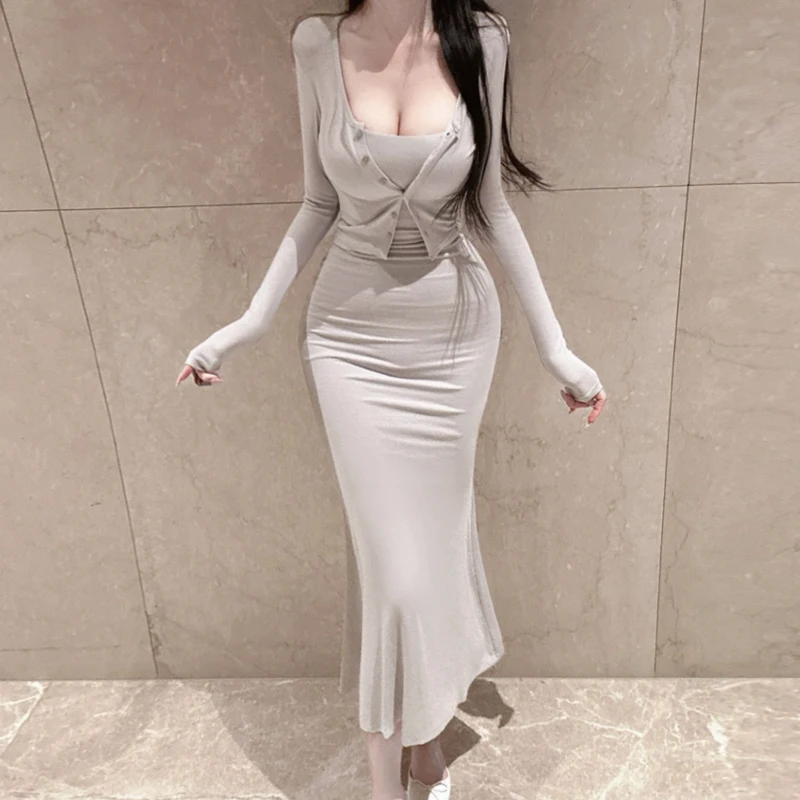

Korean style elegant socialite set Urban Beauty Fashion Set Slim fit sexy feminine camisole dress+cardigan two-piece set trendy