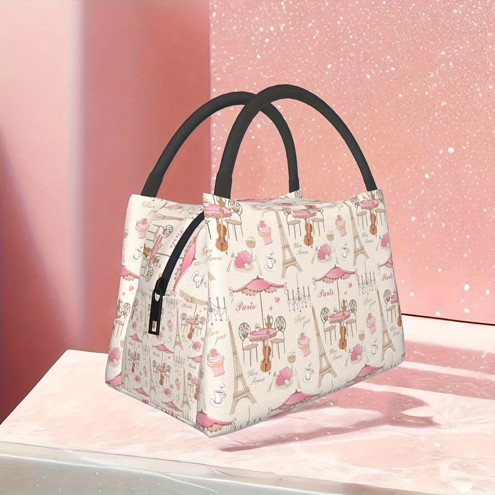 Sac à déjeuner en polyester délavé à la main avec une tour Eiffel de Paris romantique, refroidisseur isolé rectangulaire sur le thème de l'anime