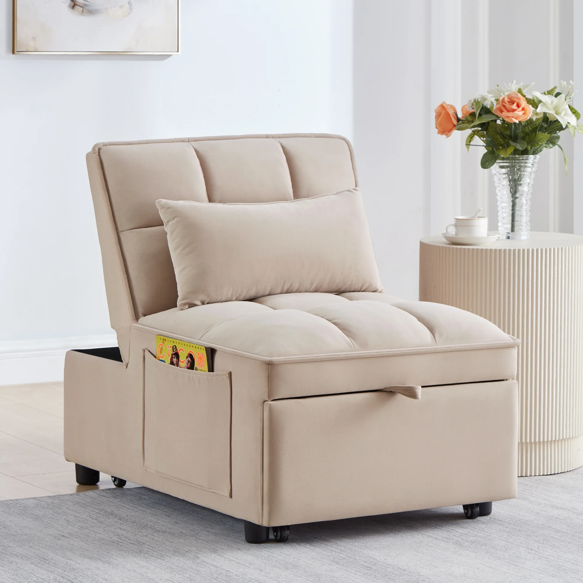 4-in-1 Taupe Multi-Function Single Sofa Bed Storage Pockets Adjustable Backrest Pillows for Bedroom Living Room Modern Design