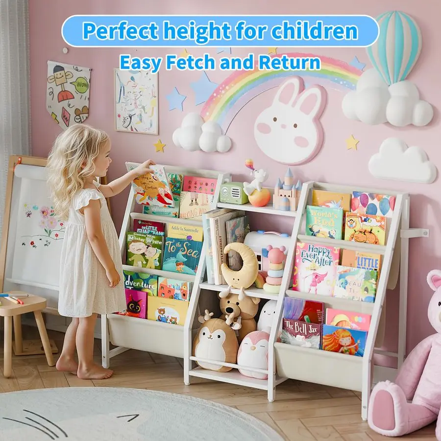 منظم تخزين ألعاب رف الكتب خزانة كتب للأطفال على الوجهين مع 3 طبقات، رف كتب أبيض للأطفال الصغار لغرفة النوم والحضانة وغرفة اللعب #3