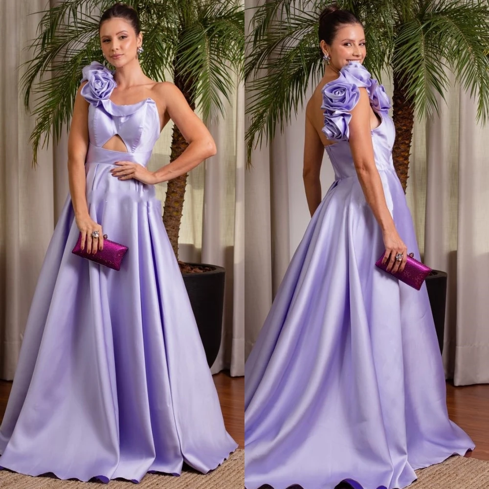 

Satin Draped Flower Engagement Ball Gown One-shoulder Bespoke Occasion Long Dresses