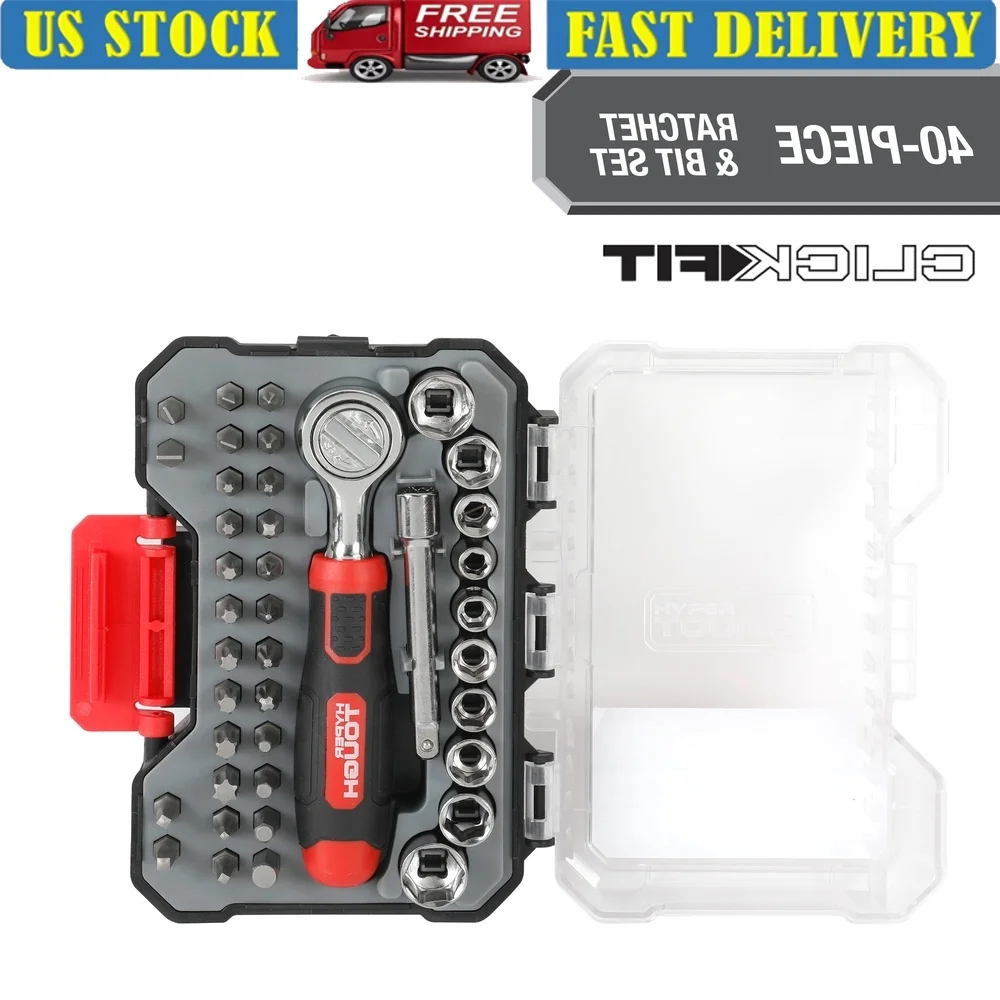 

40 Piece Socket Bit Set Reversible Ratchet Handle Extension Bar Interlocking Storage Case Automotive Home Repair Maintenance