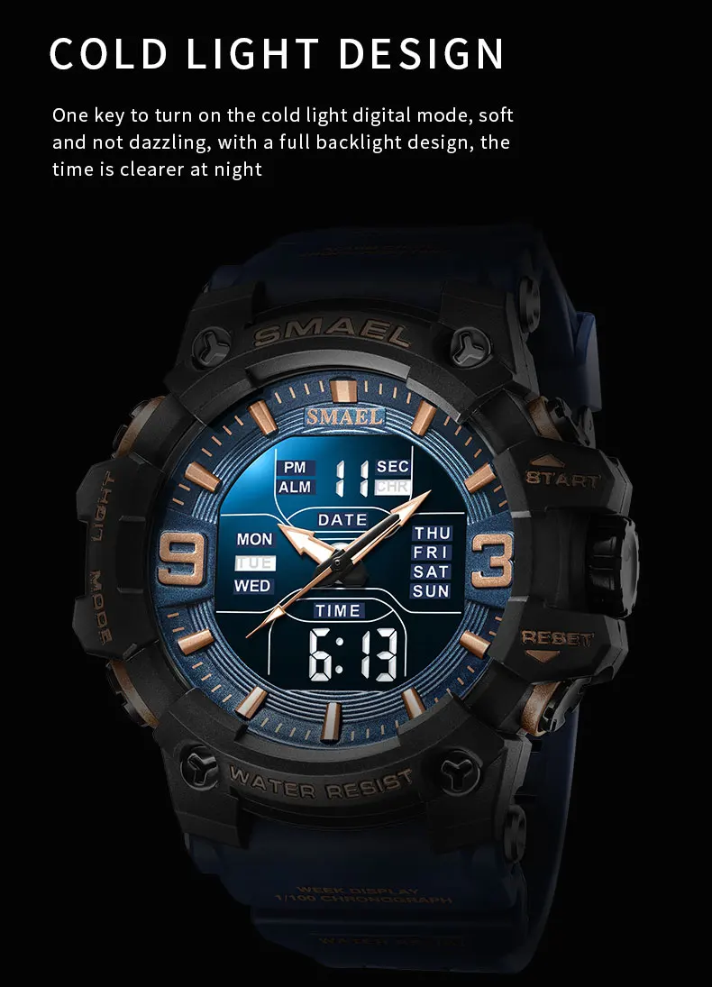 SMAEL 8049 Watch Sport LED Light Alarm Clock Dual Time Display WaterproofWeek Auto Date Wristwatches Quartz S62cd0af213eb4ab8ac8990a7fed6935dV