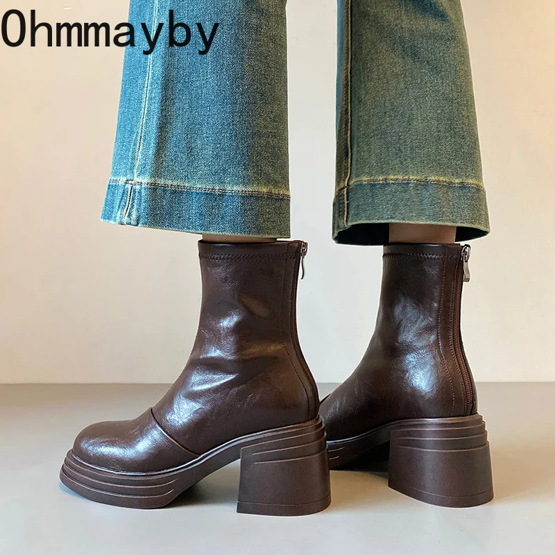 Designer Women Stretch Modern Ankle Boots Fashion Thick Heel Shoes Concise Short Botas De Mujer image 5