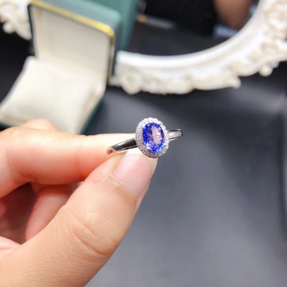 925 Silver Tanzanite Engagement Ring for Woman 5mm*7mm 0.7ct Tanzanite Ring with 3 Layers Gold Plated Keep Shining No Fading