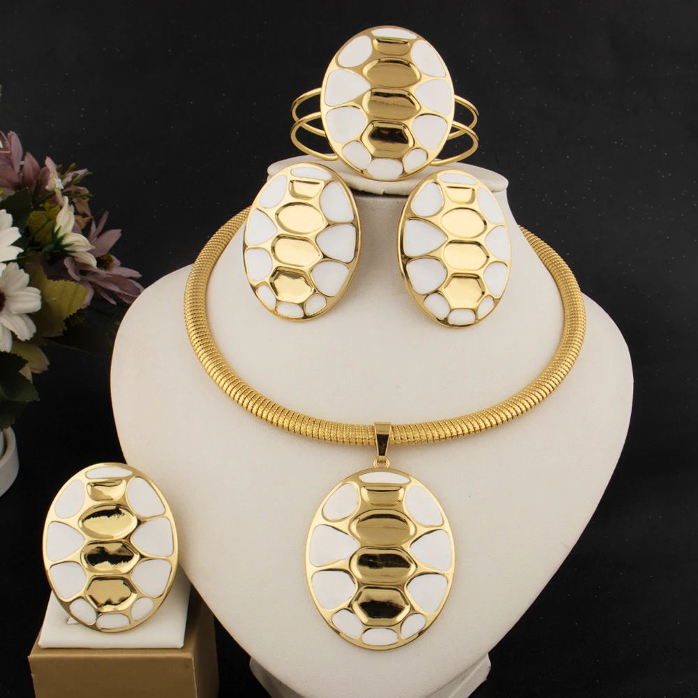 

Luxury Gold Color Jewelry Sets For Women White Spots Earrings Necklace Ring Bangle Set For Dubai African Bridal Wedding Party