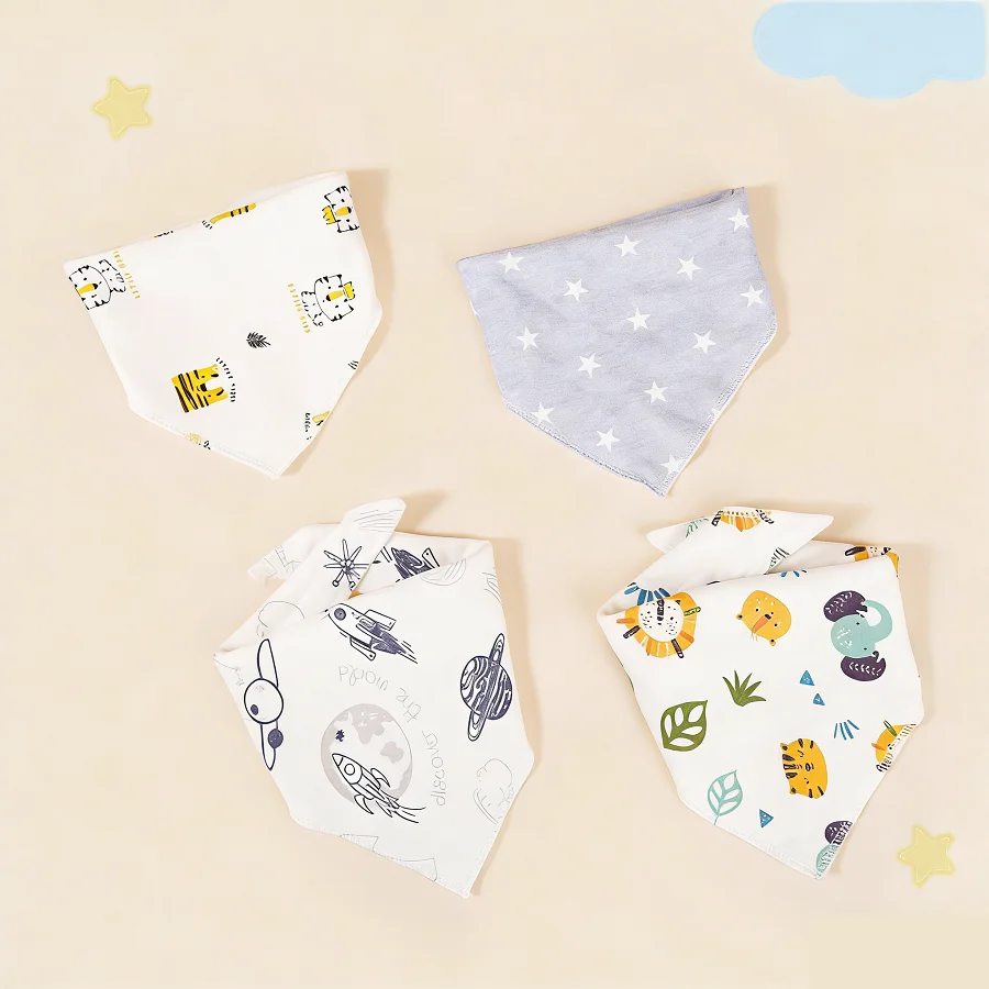 Baberos triangulares de algodón para bebé, toalla de Saliva con estampado de dibujos animados, delantal de alimentación para bebés y niñas, Baberos Bandana de algodón, 4 Uds.