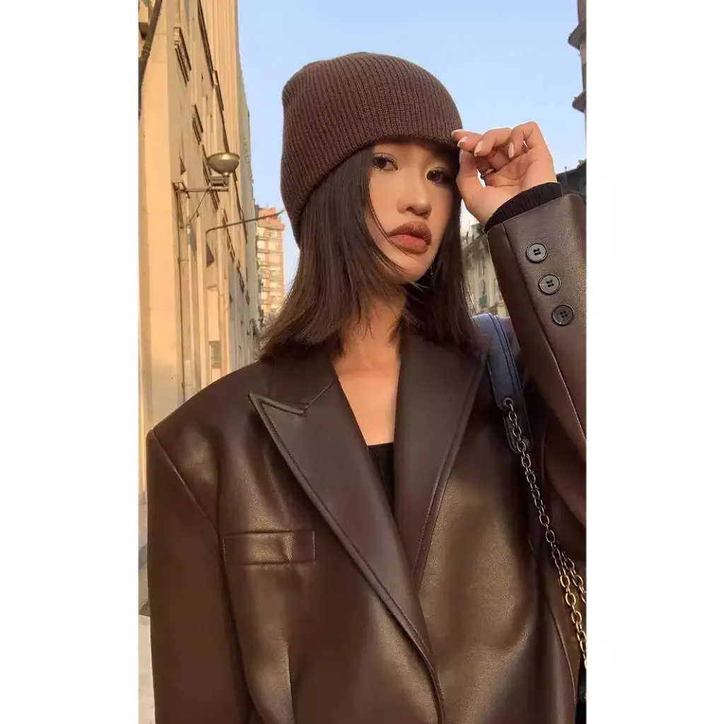 Ousph Chaqueta de traje de cuero PU negro para mujer Textura de alta calidad Ajuste suelto para primavera Otoño Invierno