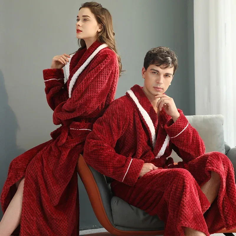 2024 New Long and Thick Beibei Velvet Couple\'s Sleeping Robe for Women in Winter, Large Flannel Bathrobe for Men in Autumn