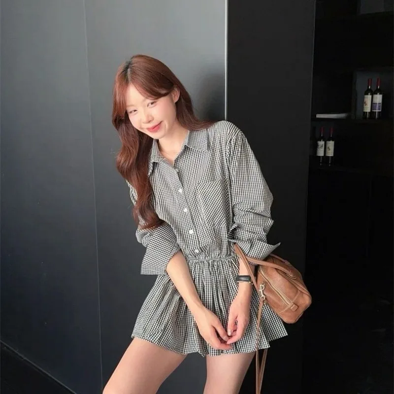 الكورية نمط شال منقوشة قميص اللباس المرأة أوائل الخريف تصميم جديد سليم مطوي تنورة #4