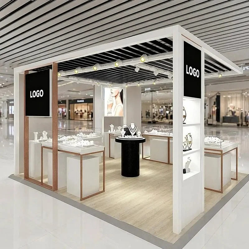 custom.Custom Jewelry Shop Kiosk Complete Fixtures Tempered Glass Display Table Wood Grain Frame Mall Jewelry Booth Fu