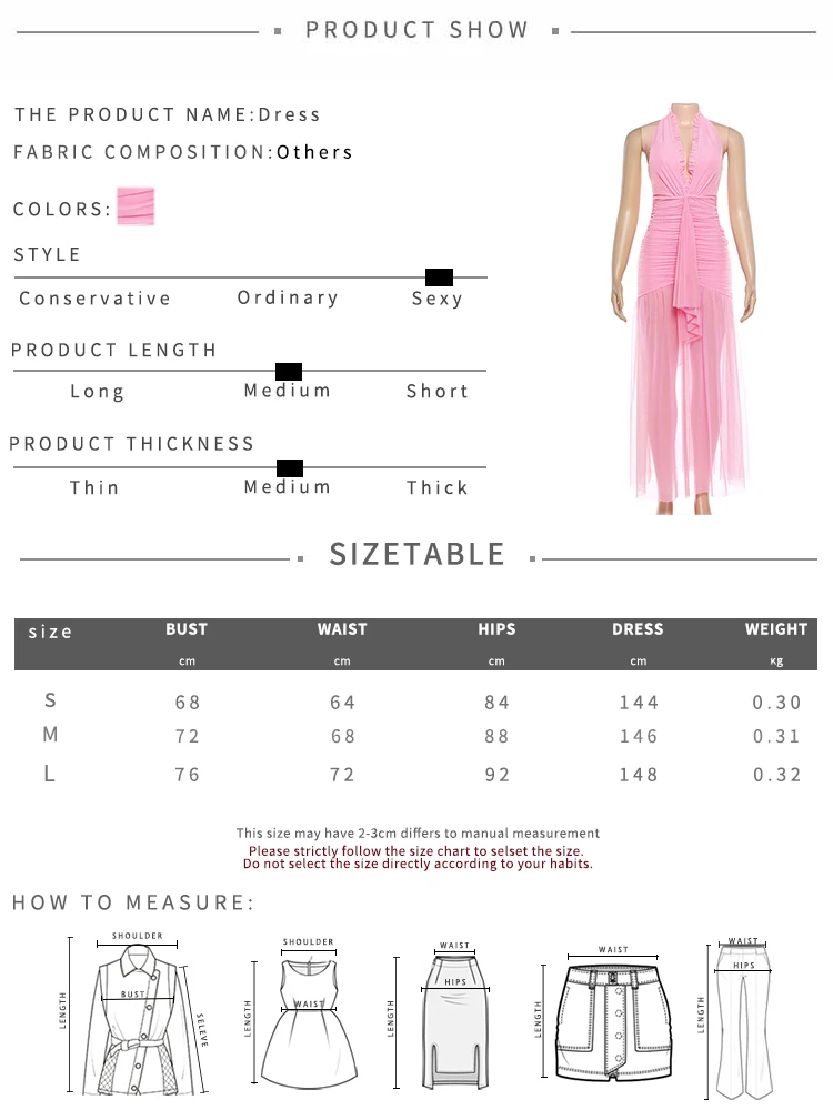 Weird Puss Elegantes Rückenfreies Kleid für Damen mit Tiefem V-Ausschnitt, Neckholder, Gerafftem Rock, Schlitz, Mesh-Patchwork, Sexy Party-Club-Kleid mit Pfirsichfarbenem Po-Effekt – Detail 1
