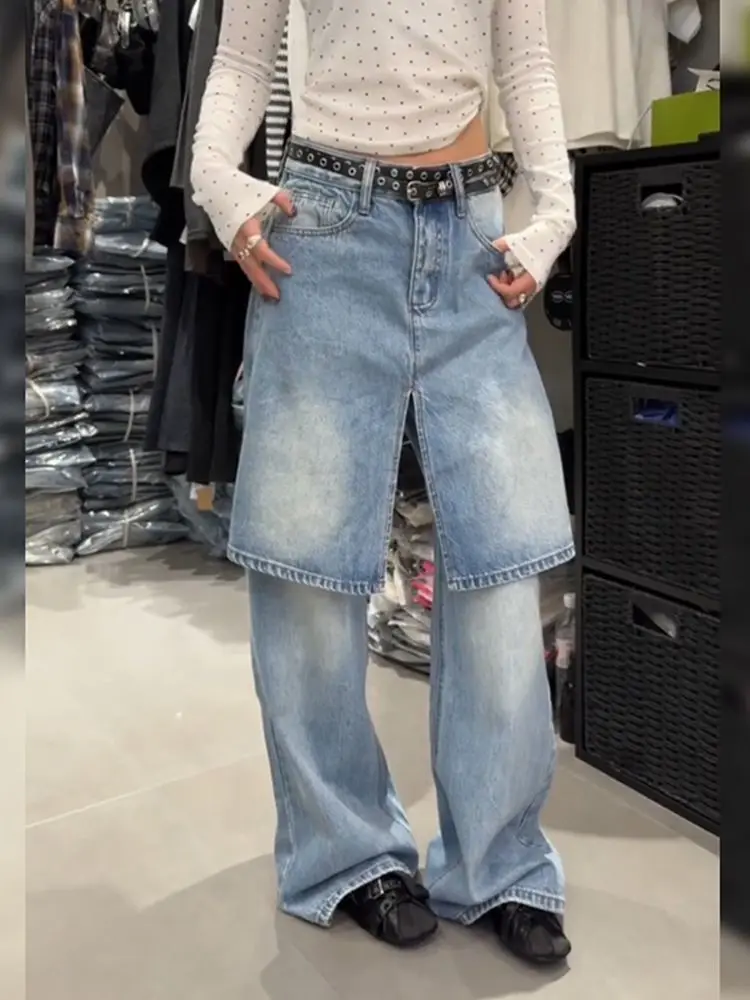 Retro Fake Two-piece Stacked Jeans Children's Fashionable Design Versatile Floor-mopping Trousers