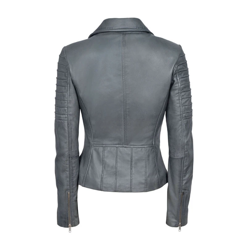 Women's Soft Grey Slim Fit Genuine Sheepskin 100% Leather Jacket Motorcycle Coat