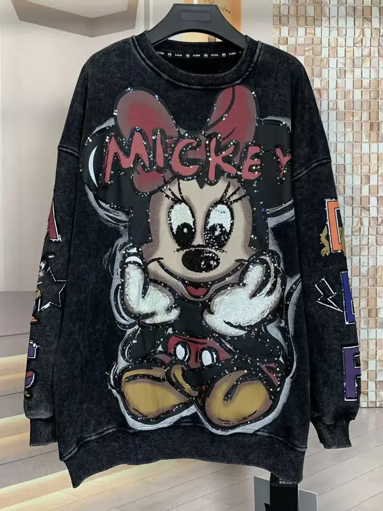 

Autumn Winter Fleece Heavy Washed Cotton Cartoon Loose Fashion Thickened Crew Neck Sweatshirt Pullover Top for Women