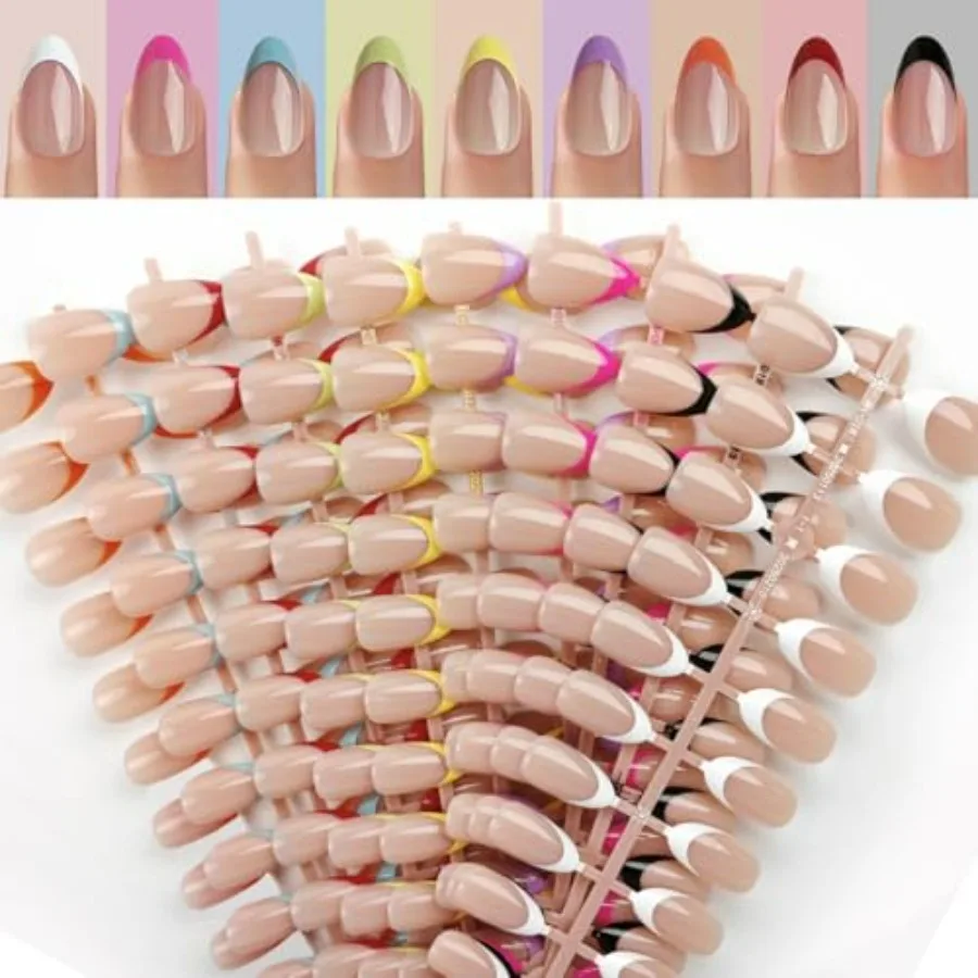 

216 Pcs French Tip Press on Nails Kit - 9 Color Short Almond False Nails in 12 Sizes, Reusable Full Cover Glossy Manicure Set f
