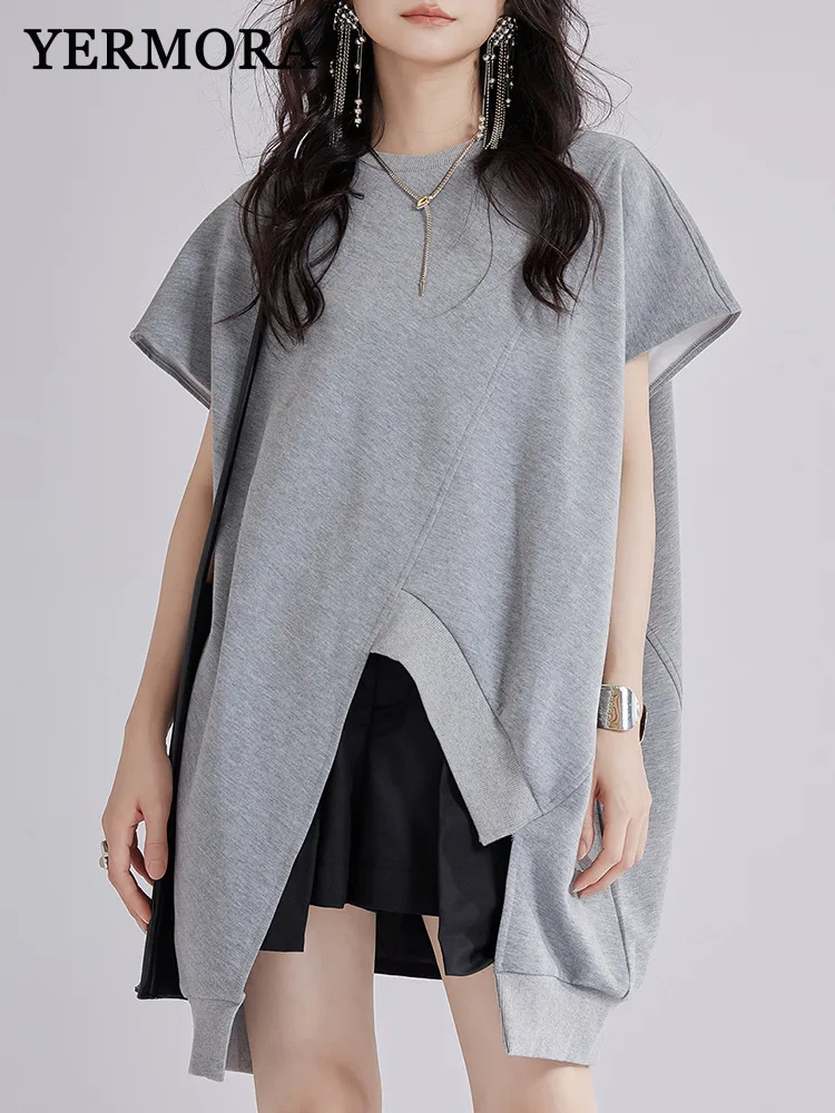 

YERMORA серый повседневный свитшот с нерегулярными разрезами для женщин, свободный крой с круглым вырезом и короткими рукавами, модная весна-лето, новинка 2023 года