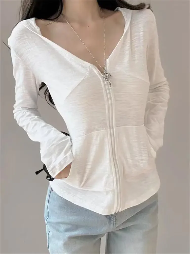 

Spring Summer White Thin Zipper Top Hooded Cardigan Women Autumn Long Sleeved Outerwear With Pockets Solid Slim Sporty Coat