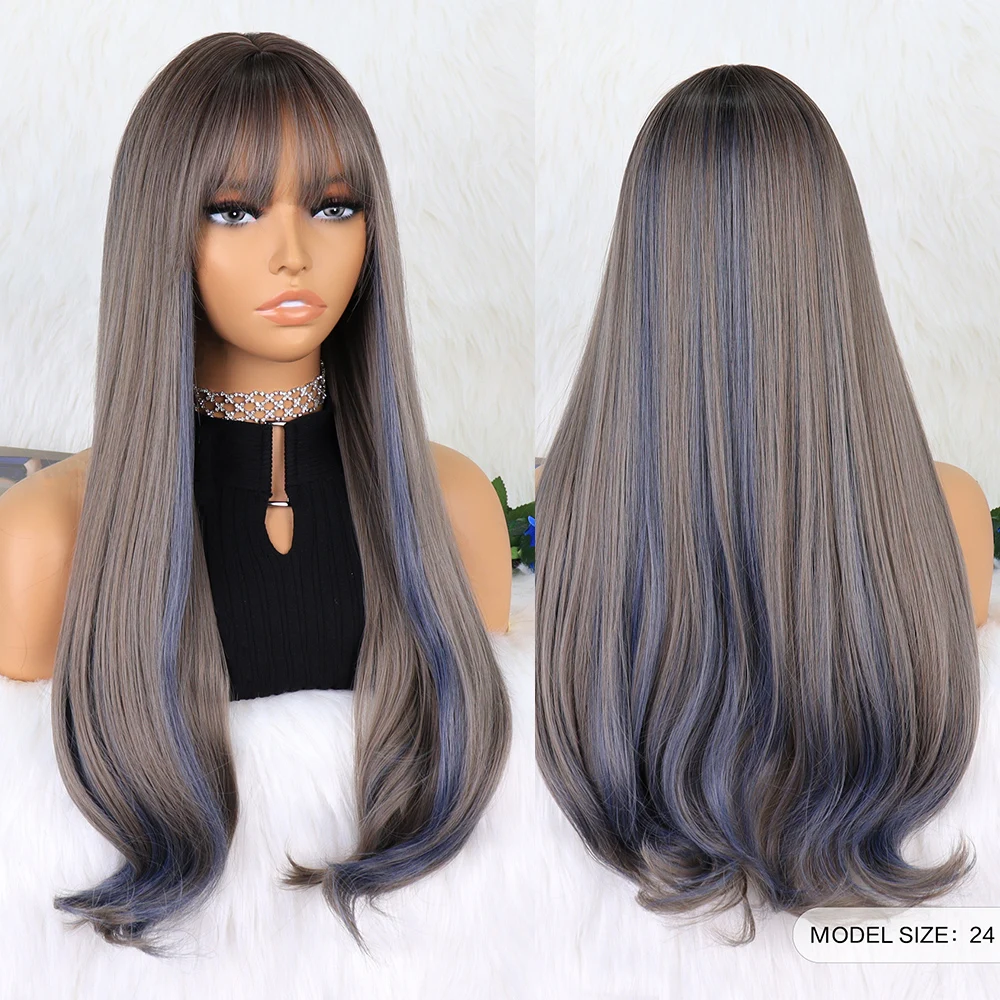 Black Grey Silky Daily Versatile Style 150 Density Synthetic Wig Fashion wave hair Wigs With bangs  Heat Resistant Fiber