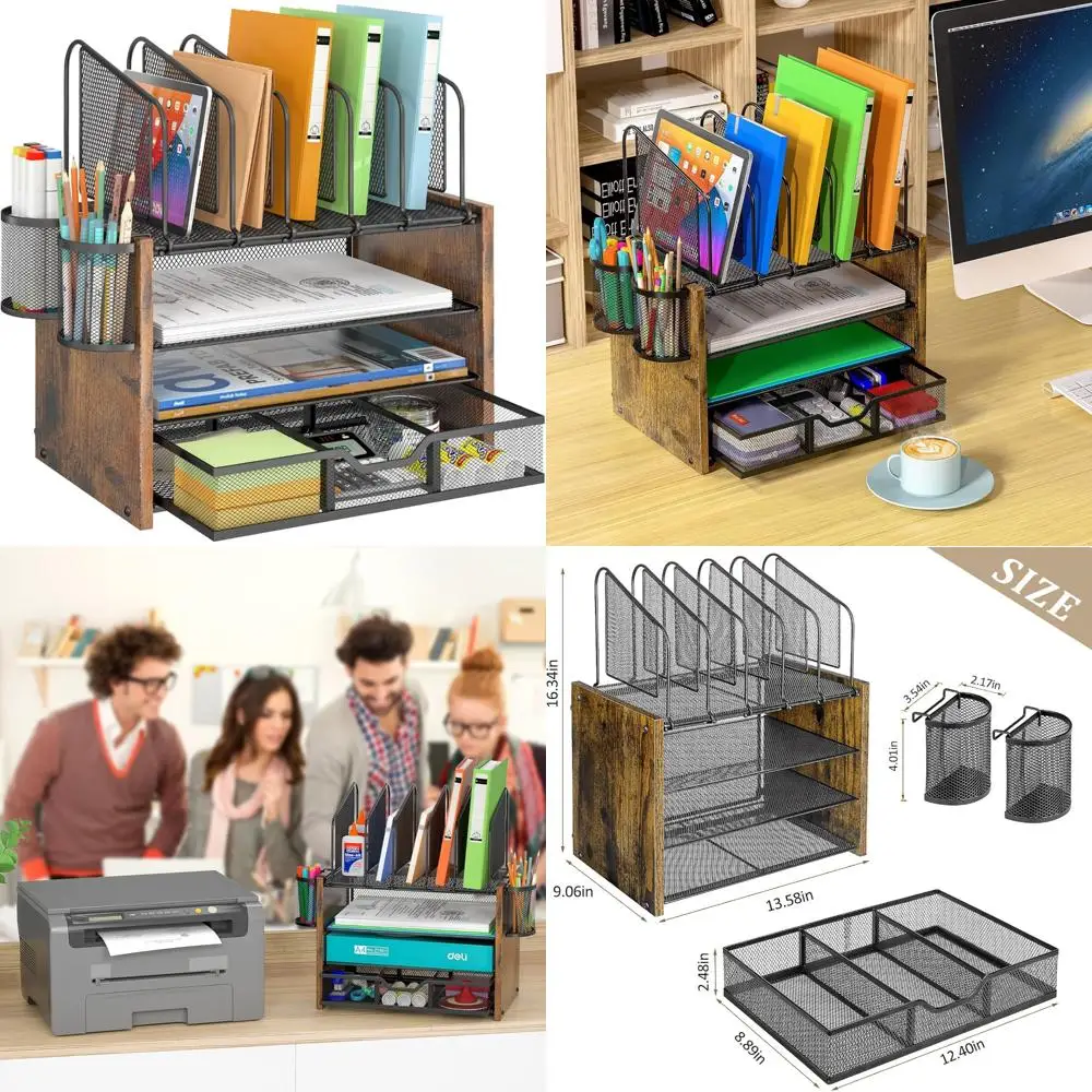 

4-tier mesh desk organizer, wooden desk file organizer with 5 vertical file holders and 2 pen holders, desktop organizers and ac
